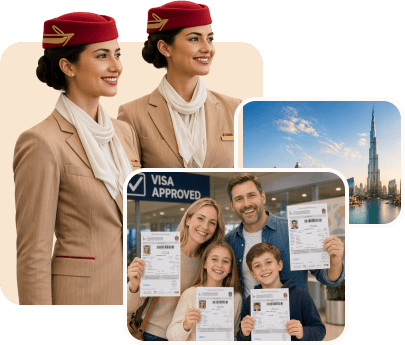 Emirates cabin crew, the Dubai skyline and a family holding their approved visas