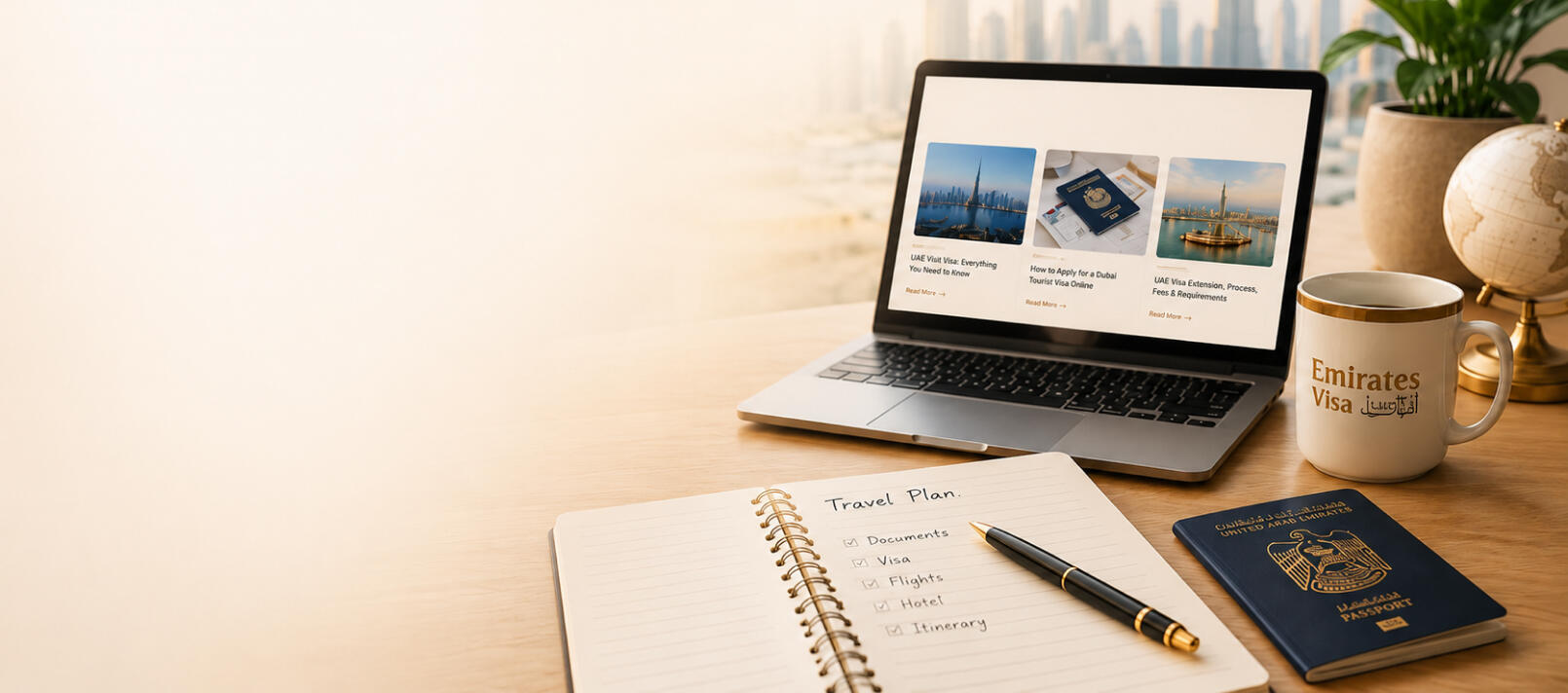 Laptop showing a travel blog beside a notebook, coffee and a passport