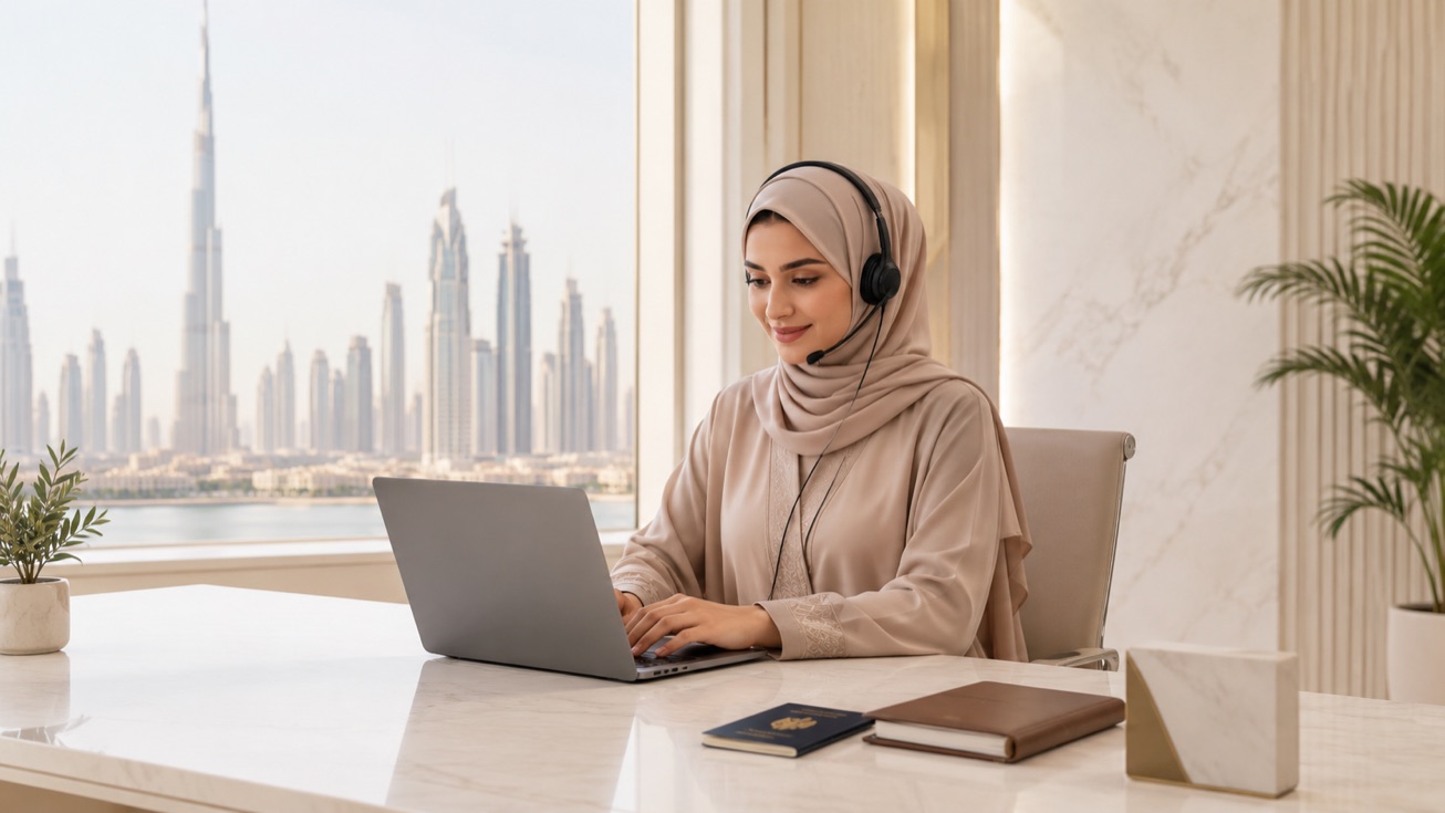Emirates visa support agent assisting a customer over a headset