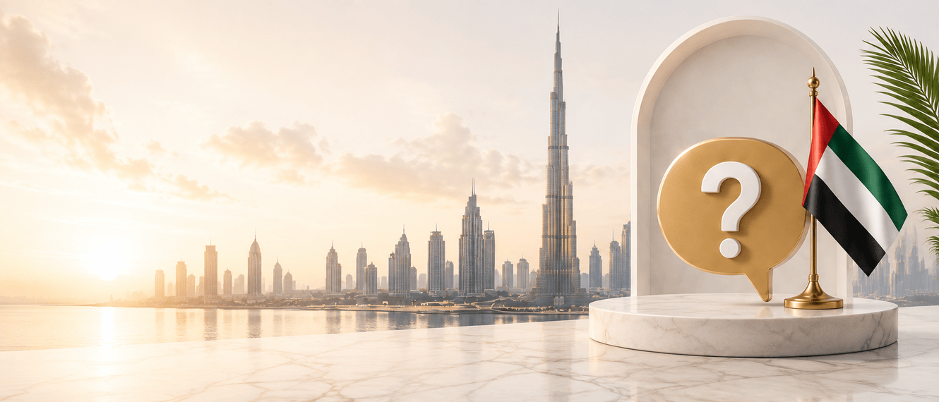 Dubai skyline at sunset with a UAE flag and a question mark badge