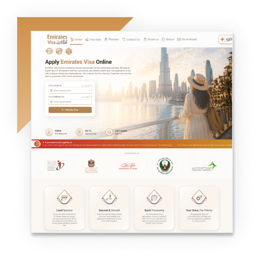 Screenshot of the Emirates Visa Online homepage with the living and citizenship country dropdowns