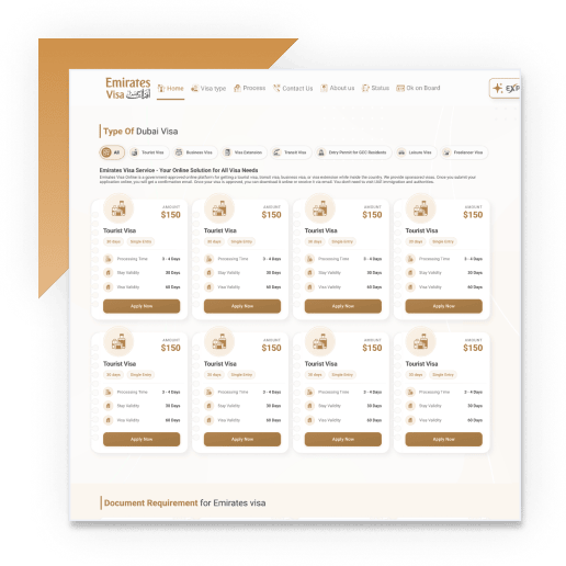 Screenshot of the Emirates Visa Online visa type selection page