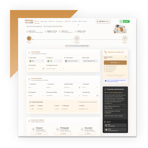 Screenshot of the Emirates Visa Online application form with document upload