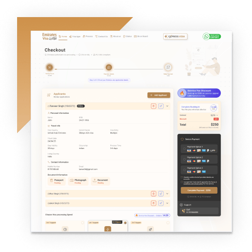 Screenshot of the Emirates Visa Online checkout and payment page