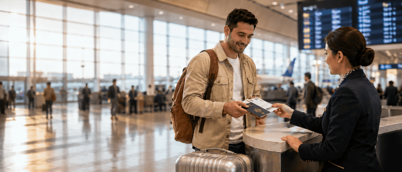 Traveller handing documents to an airline check-in agent
