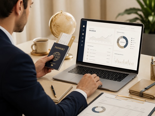 Travel manager reviewing visa expenses on a laptop dashboard