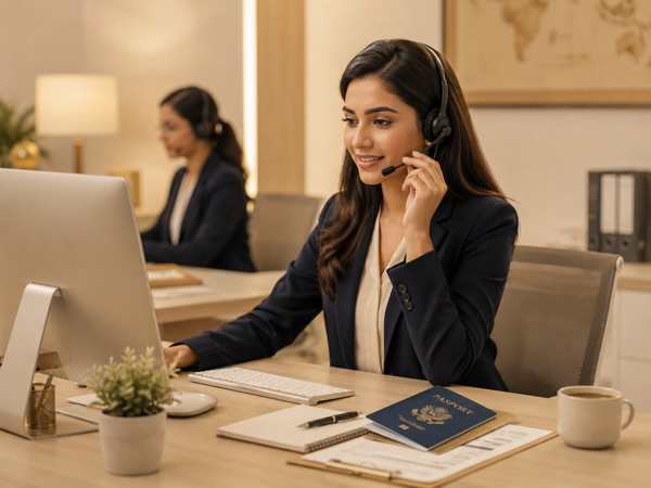 Support specialist assisting a client over a headset