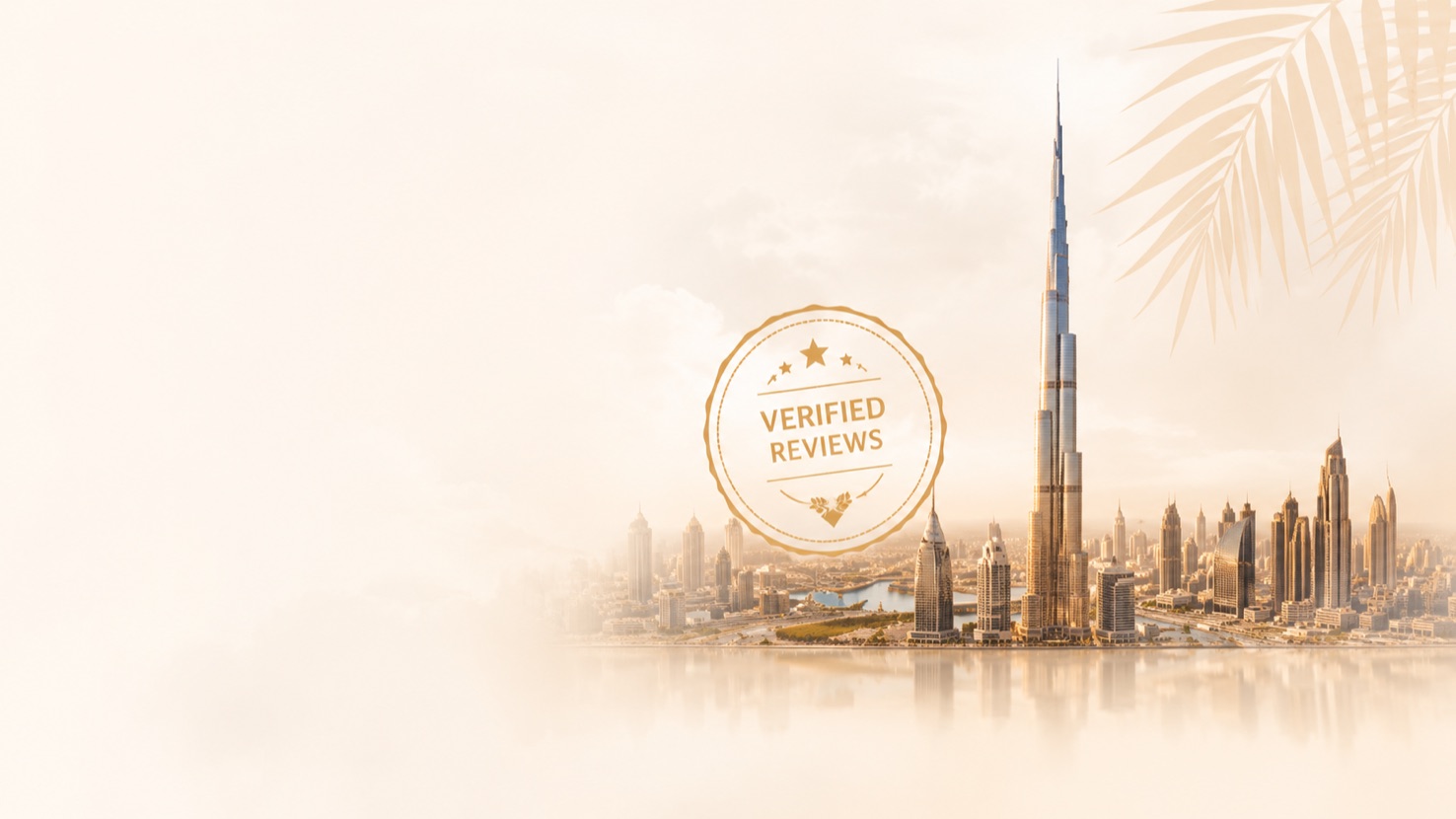 Dubai skyline in sepia with a Verified Reviews stamp